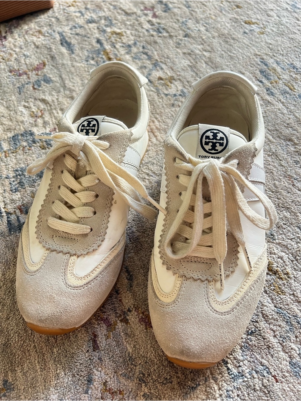 Tory Burch Cream & Off-White Suede Lace-Up Sneakers